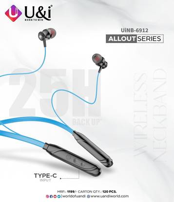 Grownics U&I Allout Series UiNB 6912, 25 Hours Back up, Wireless Neckband Bluetooth