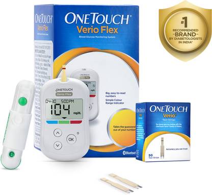 OneTouch Verio Flex Blood Glucose Monitor Value-Pack (Free:10 strips + 10 lancets + 1 Lancing device) + 50 strips pack | Bluetooth Connected Device for Managing Diabetes Health Care Appliance Combo