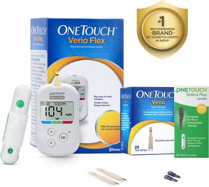 OneTouch Verio Flex Blood Glucose Monitor Value-Pack (Free:10 strips + 10 lancets + 1 Lancing device) + 25 strip pack + 1 pack of 25 lancet | Bluetooth Connected Device for Managing Diabetes Health Care Appliance Combo