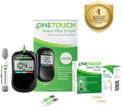OneTouch Select Plus Simple Glucometer Value-Pack (Free:10 Test Strips + 10 Lancets + 1 Lancing device) with pack of 25 strips + 1 pack of 25 lancet | Health Care Appliance Combo