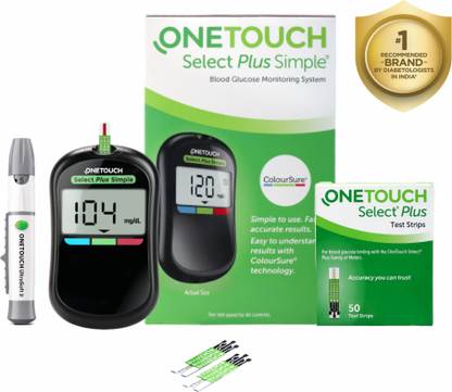 OneTouch Select Plus Simple Glucometer Value-Pack (Free:10 Test Strips + 10 Lancets + 1 Lancing device) with pack of 50 strips | Simple & Accurate Blood Glucose Testing Meter Health Care Appliance Combo