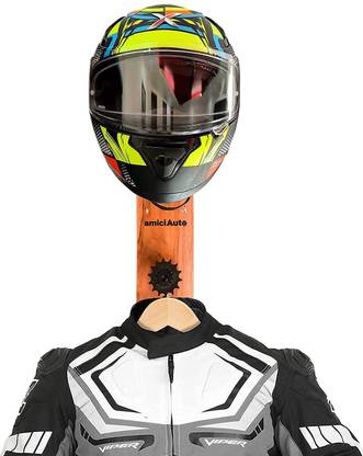 amiciAuto Wooden Wall Mounted Helmet Stand Made of Natural Teak Wood with Additional Hooks for Keys and Jackets Helmet Mount