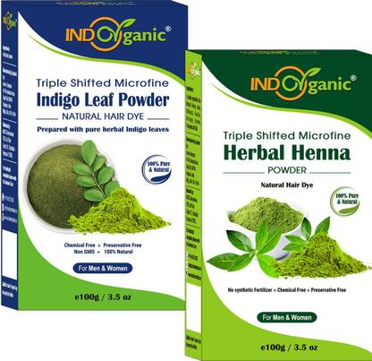 Indo Organic 100% Chemical Free Indigo Powder and Herbal Henna Powder Hair Color Combo Pack