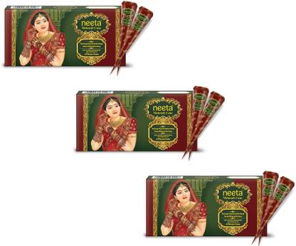 Neeta Mehendi Cone 100% Natural Henna Based No Chemical Dye 4 Pc in Each (3 Box) Natural Mehendi