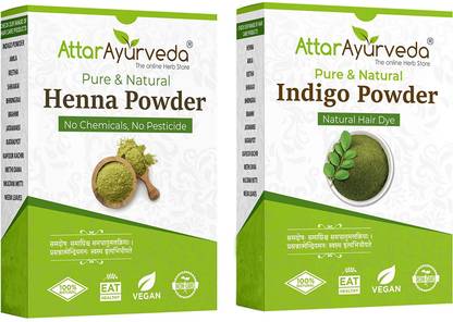 Attar Ayurveda Natural Dye for Black Hair (Henna Leaves powder, Indigo leaves powder combo pack)
