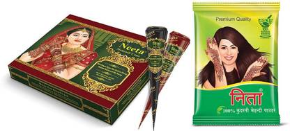 Neeta Mehendi Cone Reddish Brown Colour (Pack of 12PCs) Comes with 100% Natural Mehendi Powder (Color, Brown)