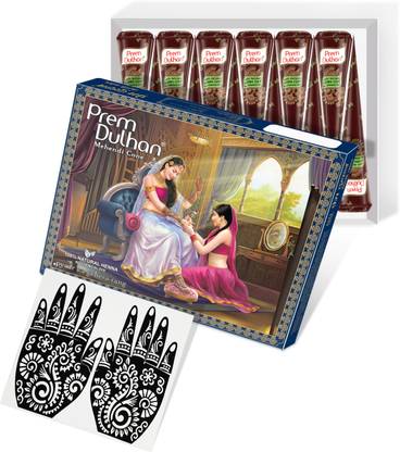 Prem Dulhan Natural Henna Cone 12 pcs with Stencils Herbal Mehendi Cones for Hands (1 Box) Natural Mehendi