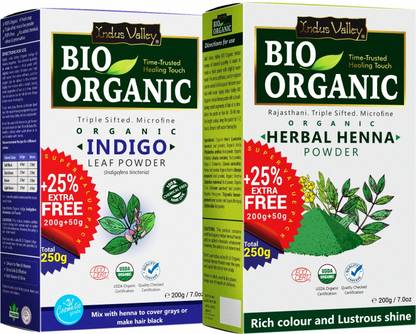 Indus Valley Bio Organic Indigo Powder and Henna Combo Pack For Black Hair Color