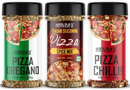 HARIBAS Italian Mix Herb Seasoning Combo Pack Chilli Flakes 50GM, Oregano 60GM and Pizza Spice Mix 60g for Pizza, Pasta Pizza Seasoning In Sprinkler Bottle