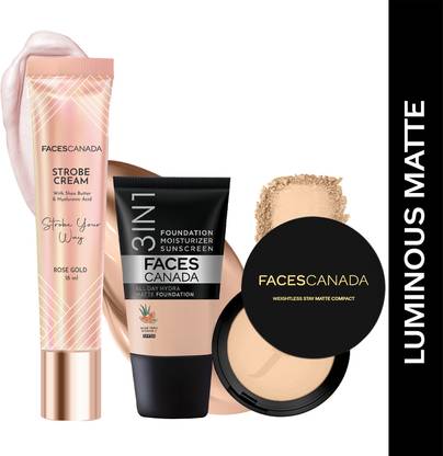 FACES CANADA Strobe Cream (18ml) + Compact Powder (9gm) +Hydra Matte Foundation (18ml) |Glowy Highlighter