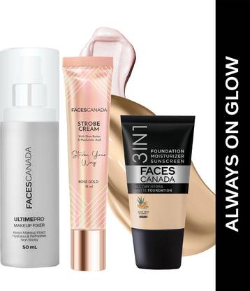FACES CANADA Strobe Cream (18ml) + Hydra Matte Foundation (18ml) + Makeup Fixer (50ml) |Glowy Highlighter