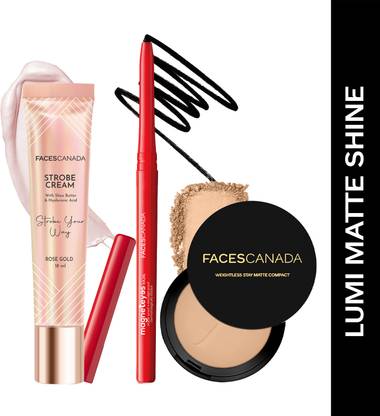 FACES CANADA Strobe Cream (18ml) + Kajal (0.35g) | Flawless Finish | Primer + Moisturizer + Highlighter