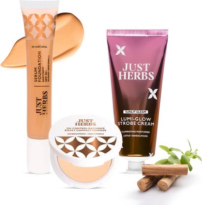 Just Herbs Matte Glow Combo Pack of 3 | Foundation, Strobe Cream, Compact Powder Highlighter