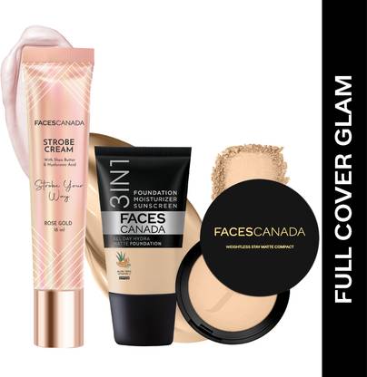 FACES CANADA Strobe Cream (18ml) + Compact Powder (9gm) +Hydra Matte Foundation (18ml) |Glowy Highlighter