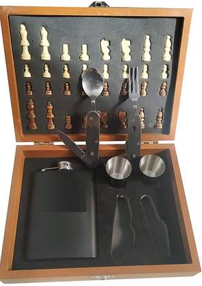 zvonko Hip Flash Chess 8 OZ Wooden Chess Box with 1 Hip Flask Bottle Hip Flask