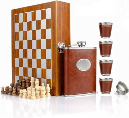 Protos India.Net Chess Game Brown Leather Hip Flask Set Stainless Steel, PU Leather Hip Flask