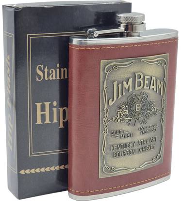 VIOVI Jim Beam Whiskey Hip Flask (8oz) Wrapped With Genuine Leather For Liquor Drinks Stainless Steel Hip Flask