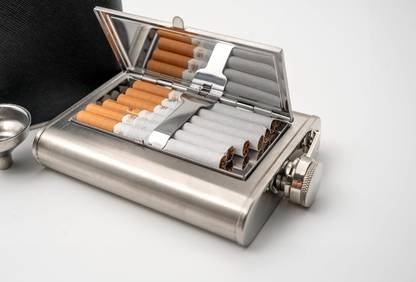 Dishy Divine Stainless Steel Hip Flask with Built-in Cigarette Case & Funnel Leack Proof Stainless Steel Hip Flask