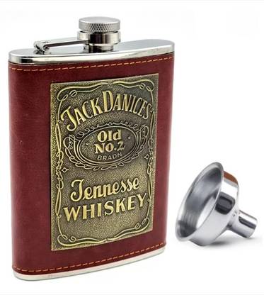 GENZ Genuine Leather Wrapped Jack Daniels Whiskey Hip Flask (8oz) For Alcoholic Drink Stainless Steel Hip Flask