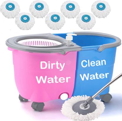 V-MOP Premium Pink Jumbo Plastic Double Bucket Double Color Mop With Wheels + 7 Heads Wet & Dry Mop