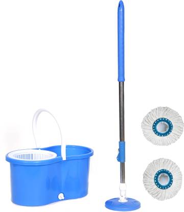 Qozent 360 Degree Spin Mop Bucket with Plastic Basket (With 2 Refill) Wet & Dry Mop