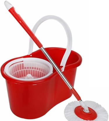 BRW Red 360�Spin Mop with Bucket System Extended Length Handle 5 Microfiber Mop Head Mop Set