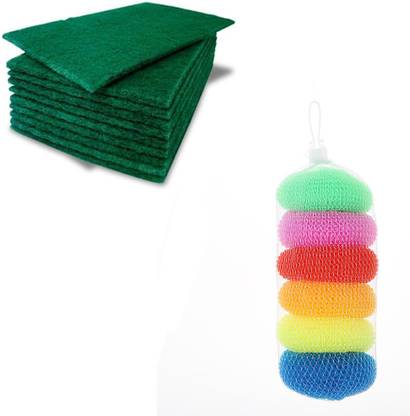 Crafts Haveli Home Cleaning Combo of Green Scrub Pad & Nylon Plastic Scrubber 6pc Plastic Wet and Dry Brush