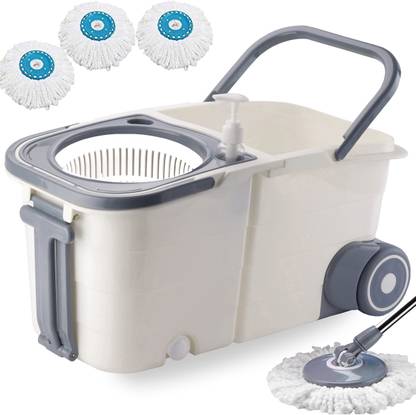 THUNDER FIT START FRESH White Premium Separate Double Bucket Spin Mop with 3 Super Microfiber Refills Bucket, Mop, Cleaning Wipe, Mop Refill, Mop Set