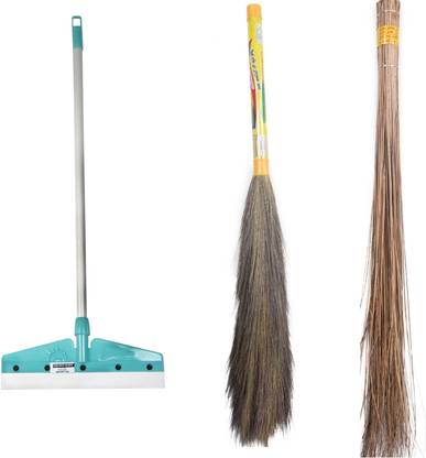 Hari Ram Gulab Rai Wiper Squeegee 16*36Inch + Bamboo Coconut Seek Jhadu + Phool Jhadu for Home Plastic Dry Broom