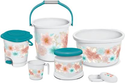 MILTON Oasis Clean Up Bath Set of 6, White Bucket, Dustbin, Tub