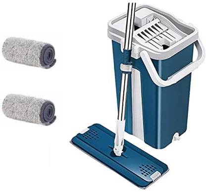 Upkaranwale Blue flat mop and bucket set Floor Cleaning System - 360 Dry Wet Reusable Dust M Refill