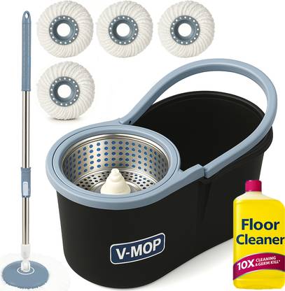 V-MOP Premium Classic Black Bucket Floor Cleaning Mop - AD11 - Mop Set, Mop, Cleaning Wipe, Bucket