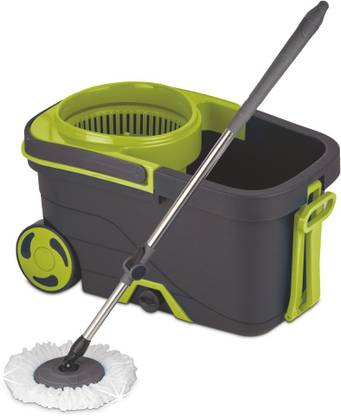 FLAIR Insta Spin Mop Bucket 15 Ltrs, Bigger Wheels for 360° Cleaning & 2 Refills Green Mop Set