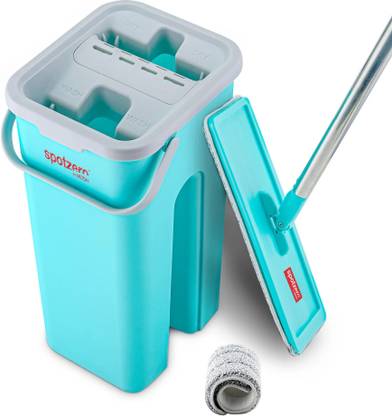 Spotzero by Milton Mini Flat Squeeze Mop with Bucket 2.8 L, 360 Flexible Mop Head & 2 Reusable Pads Mop Set