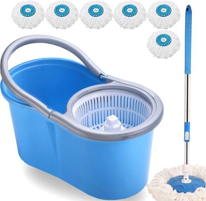 THUNDER FIT START FRESH BLUE PLASTIC CLASSIC SPIN MOP BUCKET WITH 6 MICROFIBER REFILLS Broom, Cleaning Wipe, Mop, Mop Set, Mop Refill, Floor Wiper, Bucket