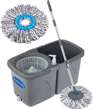 Primeway Square Twin Bucket Rotating Spin Mop Handle and Disc with 2 Refills Mop Set