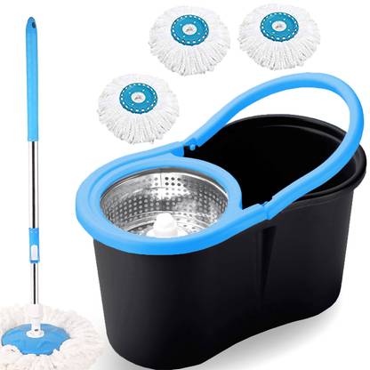 V-MOP Premium Black Steel Dry Magic Spin Bucket Mop Set With 3 Microfiber Refills -S9 Wet & Dry Mop