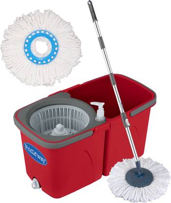 Primeway Twin Bucket 360 Rotating Spin Floor Cleaning Mop with 2 Microfibre 34cm Refills Mop Rod