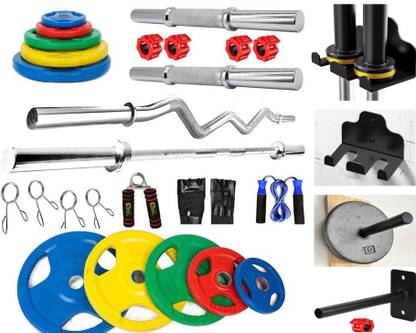 YMD 15 kg Premium Metal integrated Color Plates (2.5KGx6Pc) 4FT Curl 6FT Straight 28MM Home Gym Combo