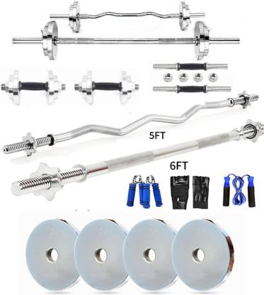 YMD 60 kg Steel Plates (2.5KGX4,5KGX6,10KGX2) 5FT Curl & 6FT Straight 25mm Star Grip Rod Home Gym Combo