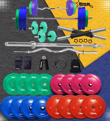 STARX 50 kg Multi Color 100% Rubber Plates with 3Ft Curl & 5Ft Straight Rod 23mm for Use of Home Gym Combo