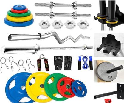 YMD 65 kg Metal integrated Color Plates 2.5x4 5x4 7.5x2 10x2 5FT Curl 7FT Straight_ Home Gym Combo