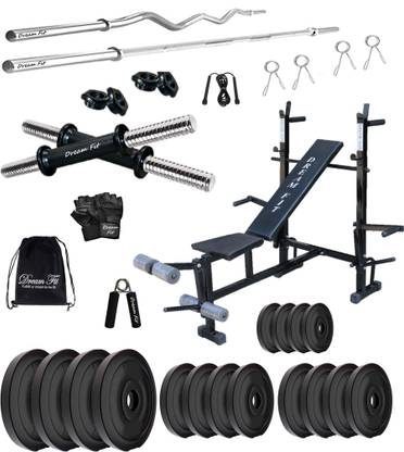 DreamFit 90 kg PVCweight, 8in1 bench, 3ft curl & 5 ft straight rod, dumbbell rods & accessories Home Gym Combo