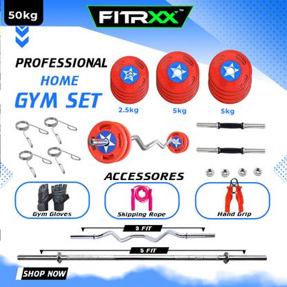 FITRXX 50 kg American Plate Home Gym Combo Set | 5ft Straight 3ft Curl Rod, 1 Pair Dumbbell Home Gym Combo