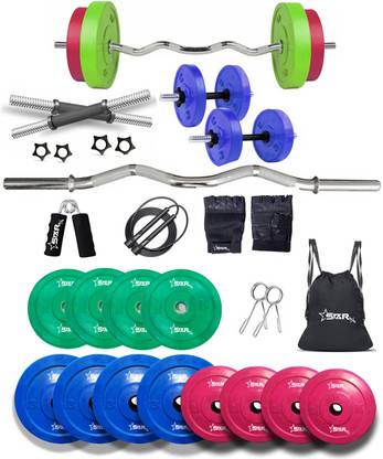 STARX 30 kg Multi Color 100% Rubber Plates With 3Feet Curl Rod 23mm for Use of Home Gym Combo