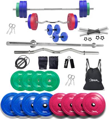 STARX 30 kg Multi Color 100% Rubber Plates with 3Ft Curl & 5Ft Straight Rod 23mm for Use of Home Gym Combo