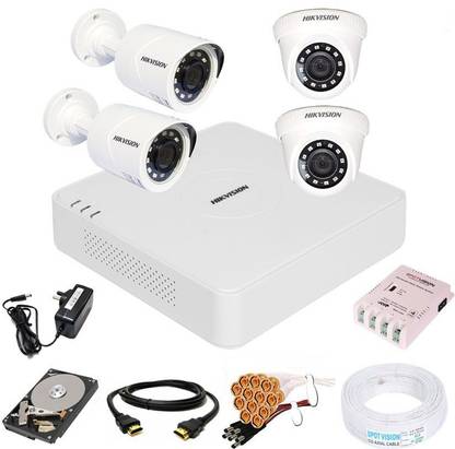 Spotvision 4 Channel Power Supply,Wire Bundle,Hikvision 4 Channel HD DVR 1080p 1Pcs,Outdoor Camera 2 MP 2Pcs,Indoor Camera 2 MP 2Pcs,1 TB Hard Disk,Full combo set Security Camera