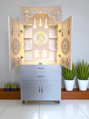 The Wooden Factory Korean Design Pooja Mandir With LED Light Engineered Wood Home Temple