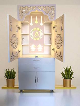 The Wooden Factory Korean Design Pooja Mandir With LED Light Engineered Wood Home Temple