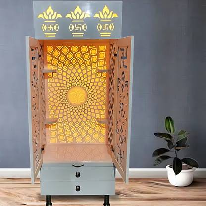 Online Mandir Store Elegant 3D Corian Om Mandir with WPC Jali Door & Storage Drawers Engineered Wood Home Temple